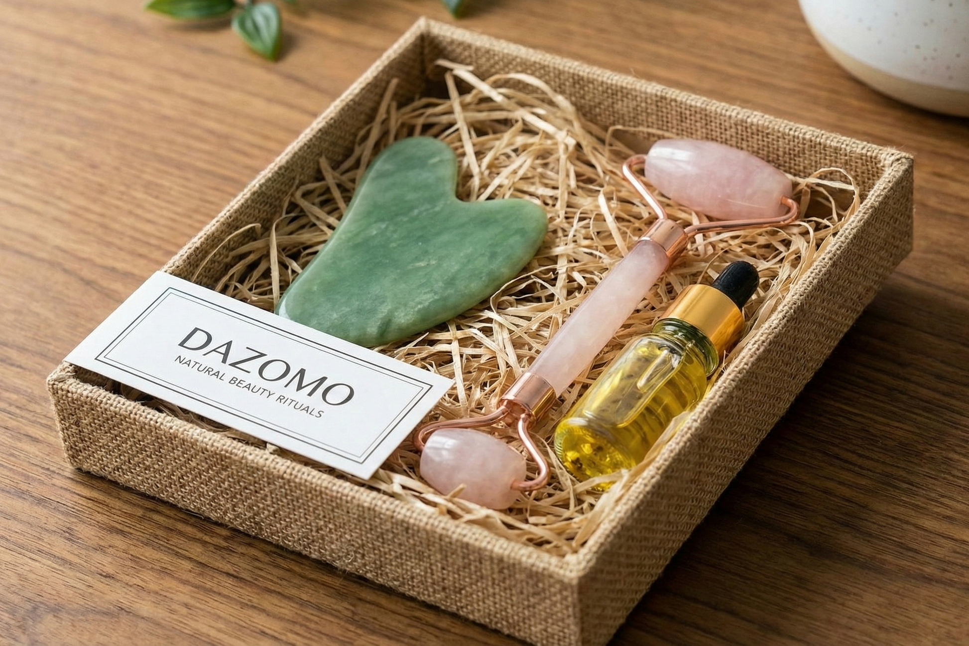 A DAZOMO Gua Sha Set containing a gua sha, facial roller, and facial oil.