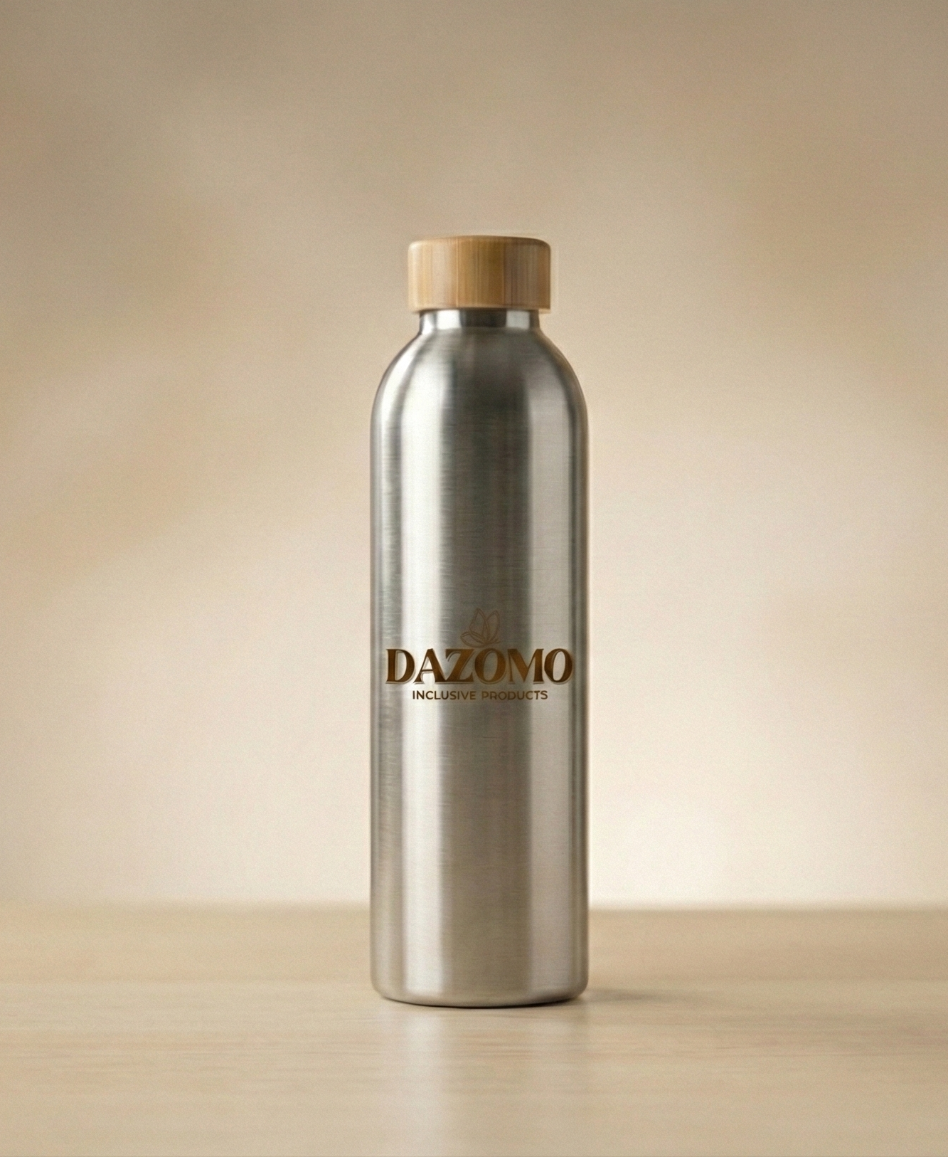 A silver tumbler with bamboo lid.